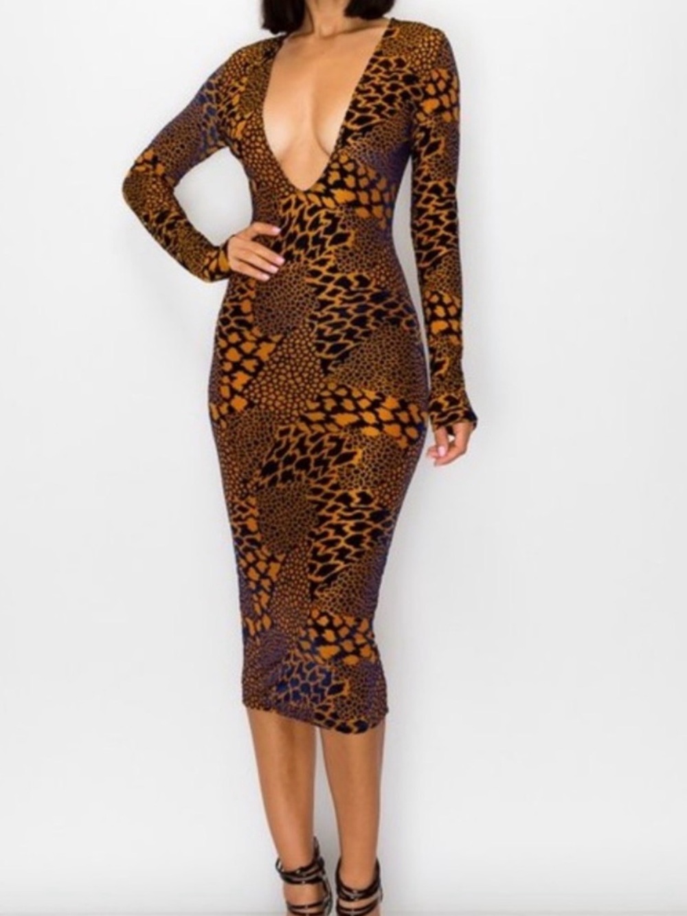 Long-Sleeve Bodycon Midi Dress - Burgundy